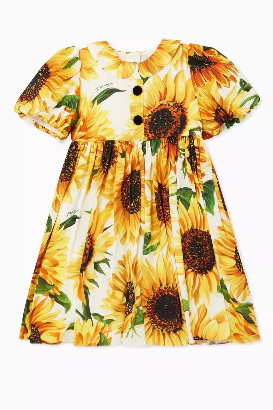 Dolce and Gabbana Charmeuse Silk Sunflower Mini Dress Yellow White Kids Girl 6A